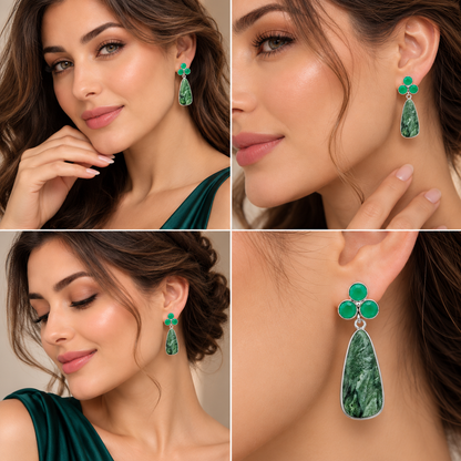 Monisha Gems – Sterling Silver Green Gemstone Clover &amp; Teardrop Earrings