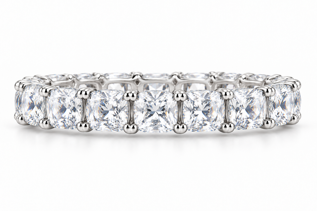 Cushion-Cut Synthetic Diamond Full-Eternity Ring in Sterling Silver