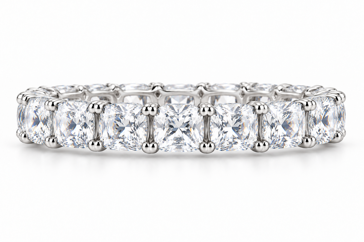Cushion-Cut Synthetic Diamond Full-Eternity Ring in Sterling Silver